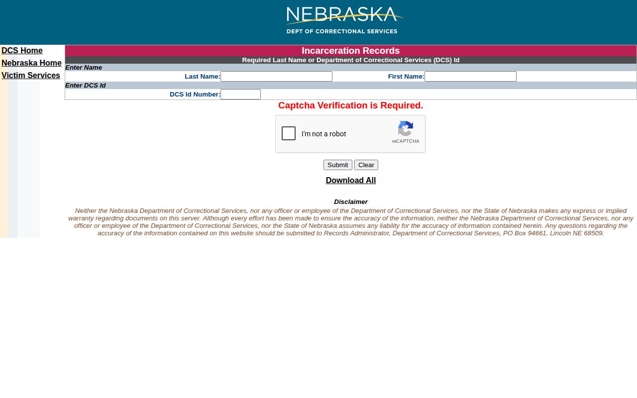Nebraska Department of Correctional Services inmate search for Dundy County custody follow-up